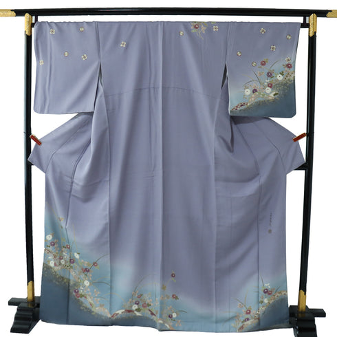 訪問着 身丈164.7cm 裄68.8cm 袷 源氏車に菊柄 千地泰弘 パープル Lサイズ お洒落 落款 正絹 広衿 Sランク