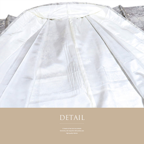 紬 リサイクル 身丈161.3cm 裄65.6cm 袷 地紙に松や花柄 麻の葉柄 グレー Lサイズ カジュアル しつけ糸 正絹 広衿 Sランク