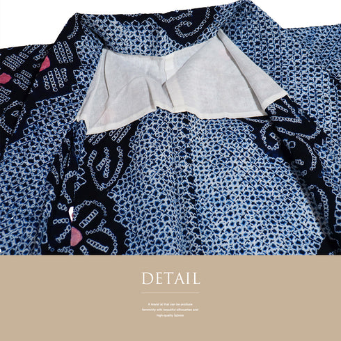 浴衣 リサイクル 夏着物 身丈162.8cm 裄63.2cm 夏物 絞り 花柄 ネイビー Lサイズ カジュアル 木綿 洗える着物 バチ衿 Sランク