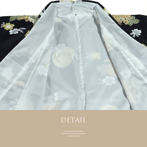 小紋 リサイクル 身丈159.8cm 裄66cm 袷 手毬に菊模様 既製品 ネイビー Mサイズ お洒落 カジュアル ポリエステル 洗える着物 広衿 Aランク