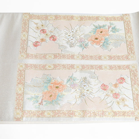 袋帯 リサイクル 帯丈436cm ポイント柄 花車柄 ベージュ Mサイズ 正絹 Sランク フォーマル セミフォーマル