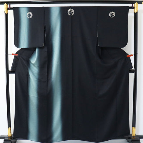 訪問着 リサイクル 身丈159cm 裄64.4cm 袷 縦ぼかし柄 パールトーン加工 ブラック Mサイズ セミフォーマル お洒落 五つ紋 正絹 広衿 Sランク