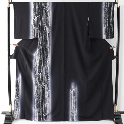 訪問着 リサイクル 身丈166cm 裄66.8cm 袷 たたきに刷毛目柄 ブラック LLサイズ お洒落 正絹 広衿 Aランク