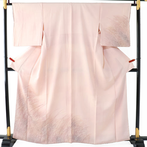 付下げ リサイクル 身丈159cm 裄64.8cm 袷 草模様 ピンク Mサイズ お洒落 正絹 広衿 Sランク