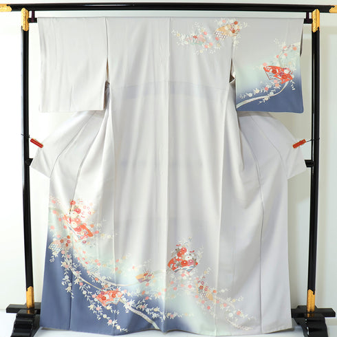 訪問着 リサイクル 身丈164.2cm 裄66.4cm 袷 地紙に菊柄 箔 グレー Lサイズ セミフォーマル お洒落 正絹 広衿 Sランク