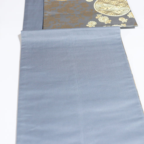 袋帯 リサイクル 帯丈438cm 六通 松に鳥や花柄 本金箔蒔絵 グレー Mサイズ 正絹 Sランク フォーマル セミフォーマル