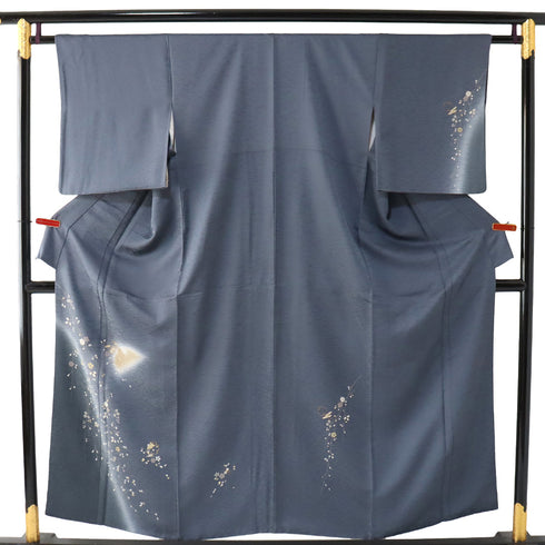 付下げ リサイクル 身丈153.2cm 裄62.8cm 袷 雪輪に宝尽くし柄 枝垂れ桜柄 金駒刺繍 ネイビー Sサイズ セミフォーマル お洒落 正絹 広衿 Aランク