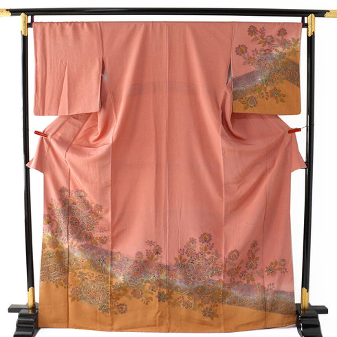 訪問着 リサイクル 身丈168.5cm 裄69.2cm 袷 華唐草柄 汕頭刺繍 オレンジ LLサイズ セミフォーマル 正絹 広衿 Sランク