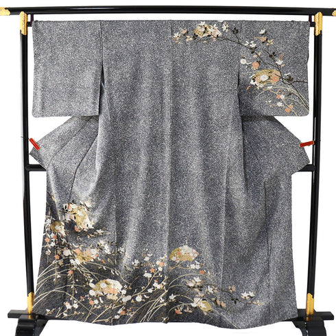 訪問着 リサイクル 身丈157cm 裄69.4cm 袷 たたき総柄地 箔 花柄 ブラック Mサイズ セミフォーマル 正絹 広衿 Sランク