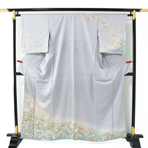 訪問着 リサイクル 身丈158.5cm 裄65cm 袷 花柄 箔 金駒 グレー Mサイズ セミフォーマル お洒落 正絹 広衿 Sランク