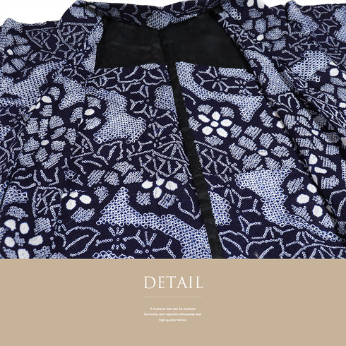 浴衣 リサイクル 夏着物 身丈150cm 裄60.5cm 夏物 絞り 扇子や花柄 ネイビー SSサイズ カジュアル 木綿 洗える着物 バチ衿 Sランク