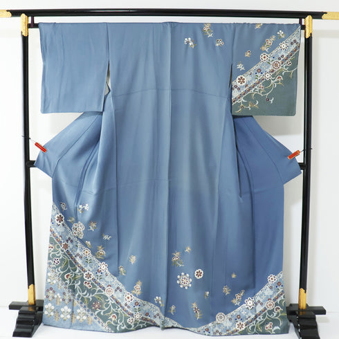 訪問着 リサイクル 身丈164.2cm 裄68.4cm 袷 華紋 花唐草模様 オリエンタル柄 金駒 ブルー Lサイズ セミフォーマル 正絹 広衿 Bランク