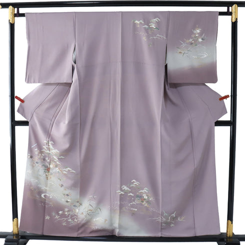 付下げ リサイクル 身丈155.8cm 裄62.6cm 袷 花籠柄 松柄 橘柄 箔加工 パープル Mサイズ セミフォーマル お洒落 正絹 広衿 Sランク