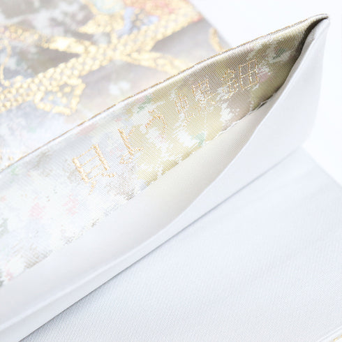 袋帯 リサイクル 帯丈428cm 六通 華文に鴛鴦柄 貝よう螺鈿 シルバー Sサイズ 正絹 Sランク フォーマル セミフォーマル