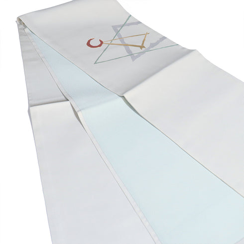 名古屋帯 リサイクル 帯丈372cm ポイント柄 三日月に三角柄 塩瀬 パールトーン加工 グレー Mサイズ 正絹 Sランク お洒落