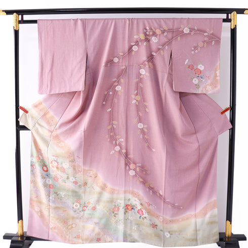 付下げ リサイクル 身丈159cm 裄63cm 袷 道長取りに菊やしだれ花模様 絞り柄 パープル Mサイズ セミフォーマル 一つ紋 正絹 広衿 Aランク