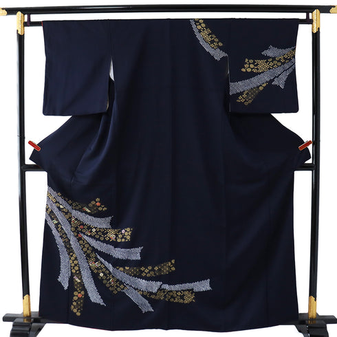 付下げ リサイクル 身丈159.2cm 裄63.2cm 袷 部分絞り 刺繍加工 箔加工 七宝柄 小花柄 ネイビー Mサイズ お洒落 正絹 広衿 Aランク