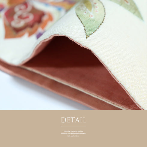 袋帯 リサイクル 帯丈446cm ポイント柄 唐花模様 刺繍染め 結城紬 ピンク Mサイズ 正絹 Sランク お洒落