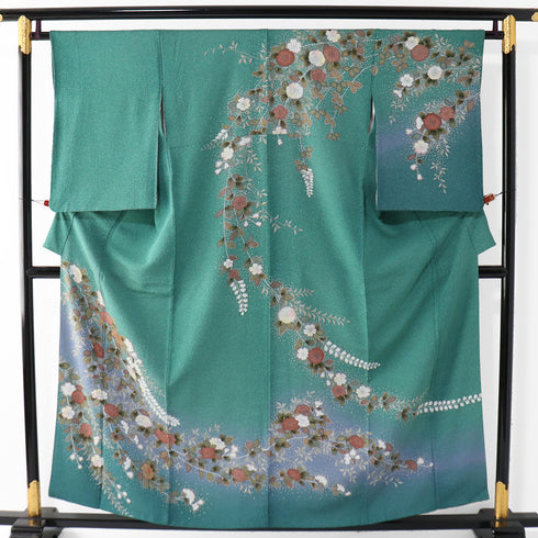 訪問着 リサイクル 身丈155.4cm 裄64.6cm 袷 辻ヶ花風柄 箔 グリーン Sサイズ セミフォーマル お洒落 正絹 広衿 Sランク