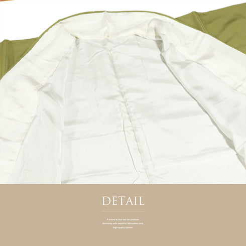 色無地 リサイクル 身丈156.5cm 裄62.6cm 袷 グリーン Mサイズ セミフォーマル 一つ紋 しつけ糸 正絹 広衿 地紋なし Aランク