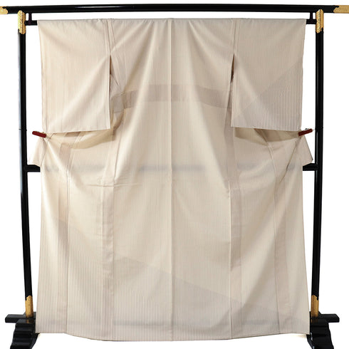 付下げ リサイクル 身丈169cm 裄66.8cm 単衣 縞柄 塩沢紬 ベージュ サイズ お洒落 しつけ糸 正絹 広衿 Sランク