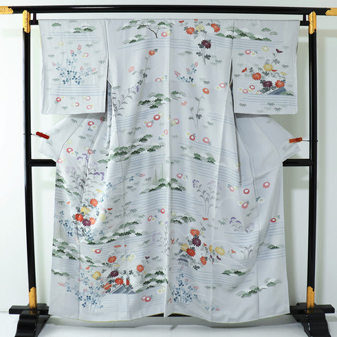付下げ リサイクル 身丈156.5cm 裄66.5cm 袷 四季花柄 風景柄 グレー Mサイズ セミフォーマル お洒落 正絹 広衿 Aランク