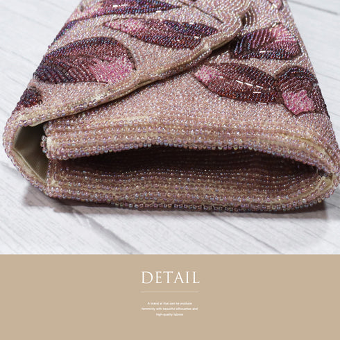 ビーズバック クラッチバッグ 葉柄 ピンクパープル お洒落 横幅22cm 高さ13cm マチ3.5cm Aランク 和装小物 ZO-88