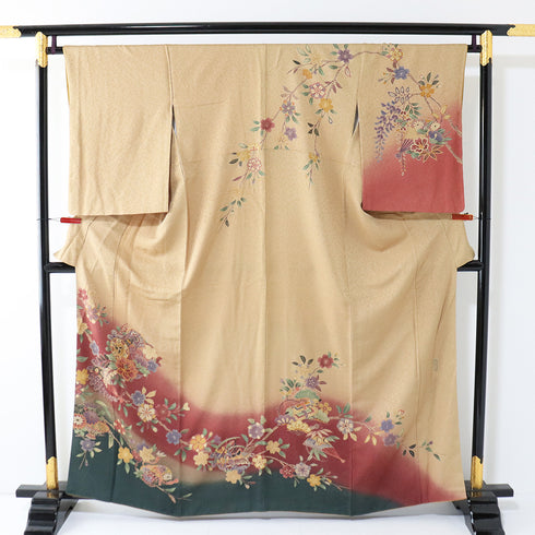 訪問着 リサイクル 身丈161.7cm 裄66.4cm 袷 鼓や扇子や花柄 ブラウン Lサイズ お洒落 セミフォーマル 正絹 広衿 Aランク