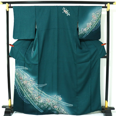 訪問着 リサイクル 身丈164cm 裄64.2cm 袷 付け下げ訪問着 辻ヶ花文様 絞り グリーン Lサイズ お洒落 正絹 広衿 Sランク