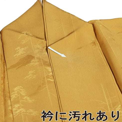 色無地 リサイクル 身丈153.5cm 裄63cm 袷 山に木立柄 イエロー Sサイズ セミフォーマル 一つ紋 正絹 広衿 地紋あり Sランク