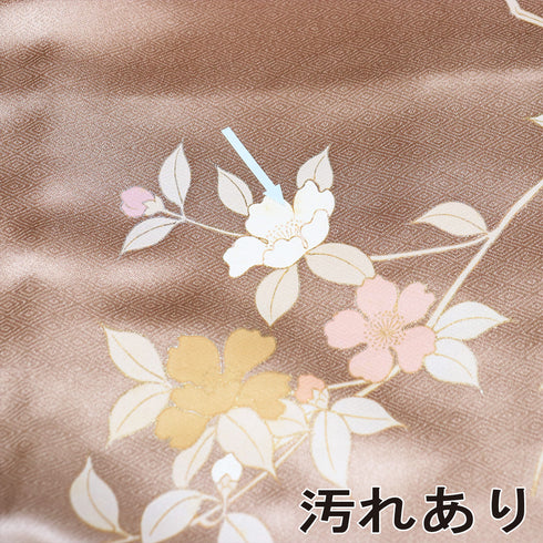 訪問着 リサイクル 身丈157cm 裄64.2cm 袷 雪輪に花模様 刺繍 箔 ブラウン Mサイズ お洒落 セミフォーマル しつけ糸 正絹 広衿 Bランク