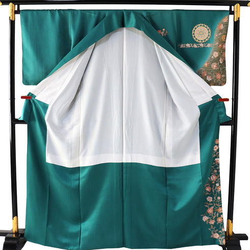 訪問着 リサイクル 身丈162.7cm 裄68.4cm 袷 華文柄 花唐草柄 箔 地紋 グリーン Lサイズ セミフォーマル 正絹 広衿 Sランク