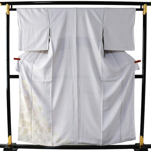 付下げ リサイクル 身丈153.8cm 裄63.6cm 袷 たたき色紙散らしに小花の刺繍 地紋 パールトーン加工 グレー Sサイズ セミフォーマル お洒落 正絹 広衿 Sランク