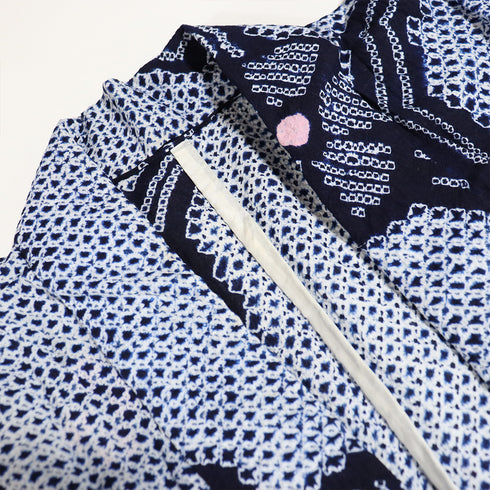 浴衣 リサイクル 夏着物 身丈149cm 裄61.5cm 夏物 絞り 花柄 ジュニアサイズ ネイビー SSサイズ カジュアル お洒落 木綿 洗える着物 バチ衿 Aランク