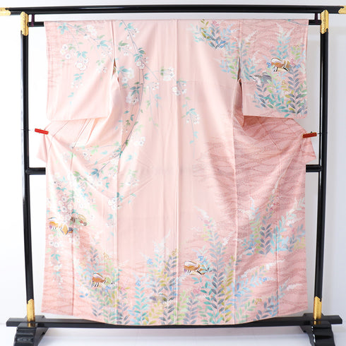 訪問着 リサイクル 身丈156.7cm 裄64cm 袷 鴛鴦や花柄 ピンク Mサイズ セミフォーマル お洒落 正絹 広衿 Sランク