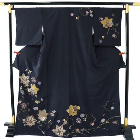 訪問着 リサイクル 身丈168.3cm 裄67cm 袷 紅葉や菊柄 箔 ネイビー LLサイズ お洒落 不明 広衿 Sランク