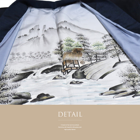 アンサンブル 男物 リサイクル 身丈156.8cm 裄74.4cm 羽織丈100cm 袷 紬 ネイビー LLサイズ お洒落 カジュアル 正絹 棒衿 Sランク