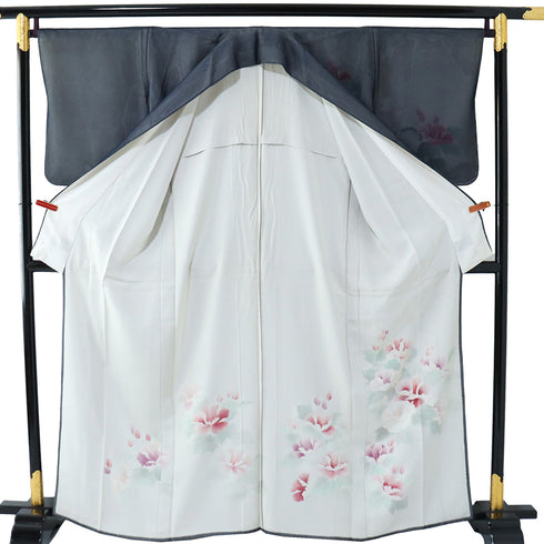付下げ リサイクル 夏着物 身丈162.5cm 裄67.2cm 夏物 紗袷 花柄 ネイビー Lサイズ 正絹 広衿 Aランク