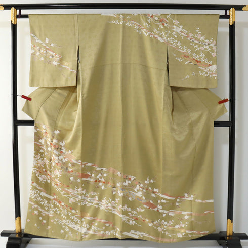 訪問着 リサイクル 身丈156cm 裄63.6cm 袷 たちばなに梅や花木柄 金駒刺繍 イエロー Mサイズ セミフォーマル お洒落 正絹 広衿 Sランク
