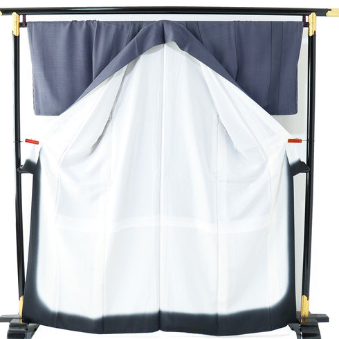 付下げ リサイクル 身丈161.7cm 裄68.6cm 袷 ・格子柄 縞柄 ゆったり ブルー Lサイズ お洒落 落款 しつけ糸 正絹 広衿 Sランク