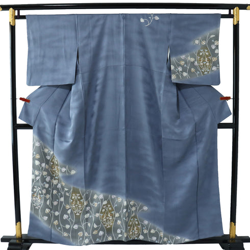 訪問着 リサイクル 身丈155cm 裄63.6cm 袷 葵の葉柄 箔 ブルー Sサイズ セミフォーマル 一つ紋 正絹 広衿 Sランク