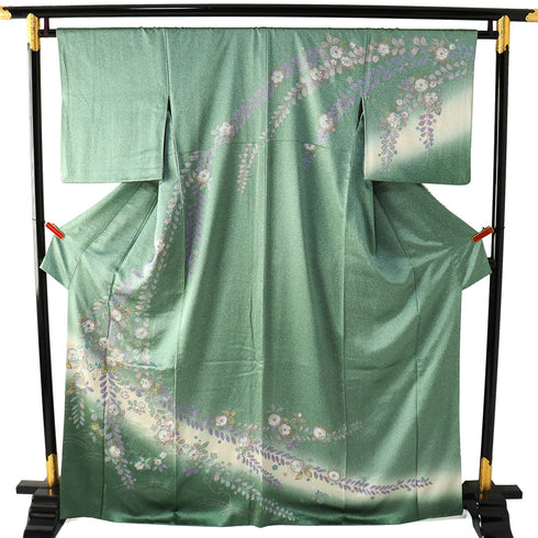 訪問着 リサイクル 身丈166.3cm 裄66cm 袷 ミシン仕立て 後絞り加工 辻が花模様 胴裏化繊 グリーン LLサイズ お洒落 正絹 広衿 Aランク