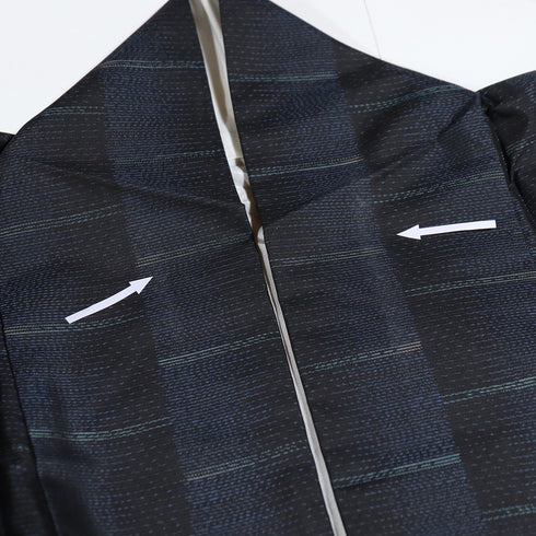 紬 リサイクル 身丈155.3cm 裄66.2cm 袷 幾何学模様 ネイビー Sサイズ お洒落 カジュアル 正絹 広衿 Aランク