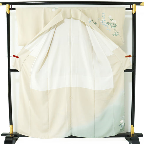 訪問着 リサイクル 身丈156cm 裄62.6cm 袷 手描き友禅花模様 ベージュ Mサイズ フォーマル セミフォーマル 正絹 広衿 Aランク