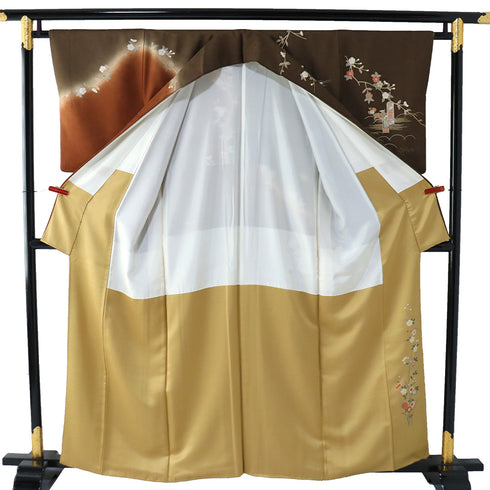 訪問着 リサイクル 身丈158.5cm 裄64.4cm 袷 花車や花籠柄 金駒刺繍 ブラウン Mサイズ セミフォーマル お洒落 正絹 広衿 Sランク
