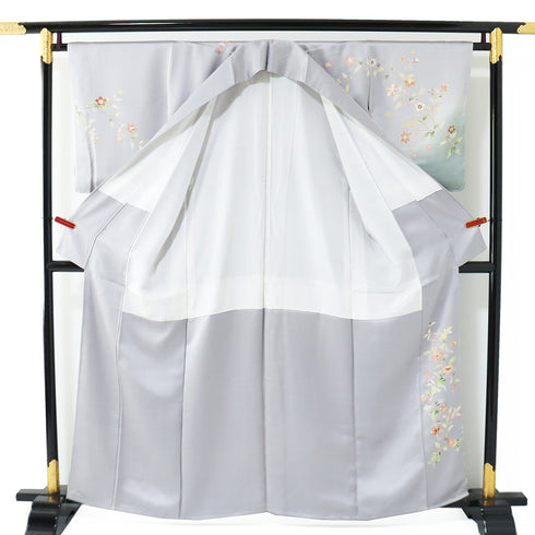 訪問着 リサイクル 身丈158.5cm 裄65cm 袷 花柄 箔 金駒 グレー Mサイズ セミフォーマル お洒落 正絹 広衿 Sランク
