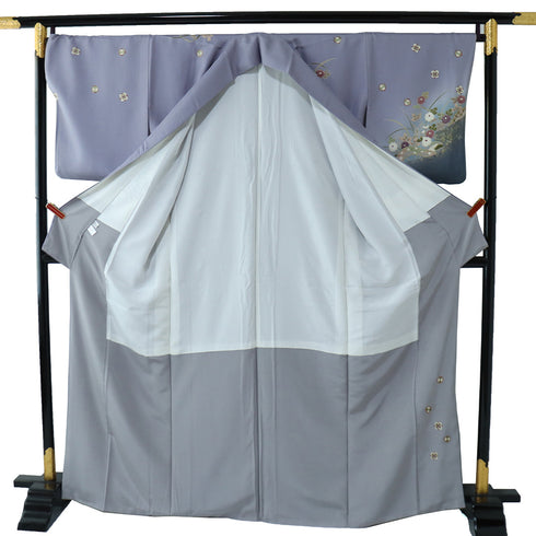 訪問着 身丈164.7cm 裄68.8cm 袷 源氏車に菊柄 千地泰弘 パープル Lサイズ お洒落 落款 正絹 広衿 Sランク