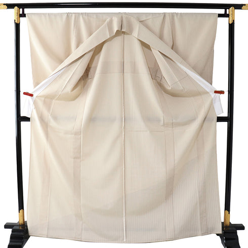 付下げ リサイクル 身丈169cm 裄66.8cm 単衣 縞柄 塩沢紬 ベージュ サイズ お洒落 しつけ糸 正絹 広衿 Sランク