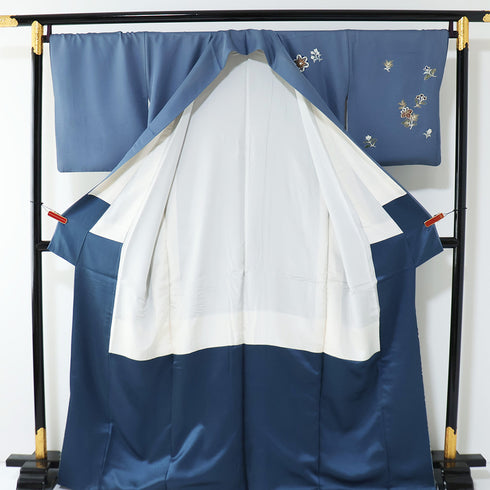 訪問着 リサイクル 身丈164.2cm 裄68.4cm 袷 華紋 花唐草模様 オリエンタル柄 金駒 ブルー Lサイズ セミフォーマル 正絹 広衿 Bランク