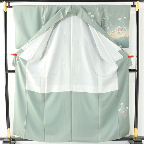 訪問着 リサイクル 身丈158.8cm 裄64.6cm 袷 雪輪に花柄 グリーン Mサイズ フォーマル セミフォーマル しつけ糸 正絹 広衿 Sランク
